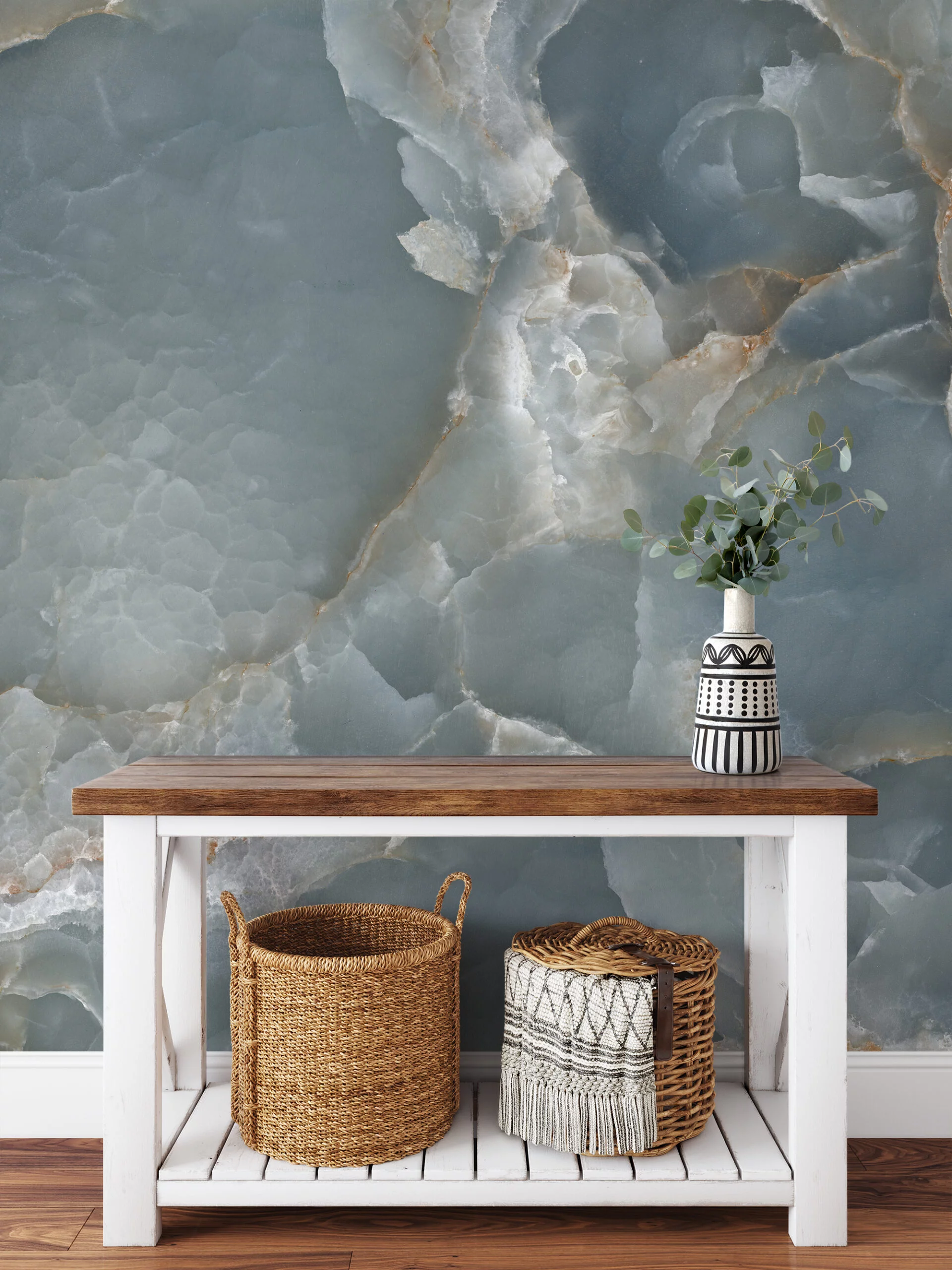 Muted Teal Blue Marble Stone Texture Wallpaper, Cool Tranquil Blue Peel & Stick Wall Mural