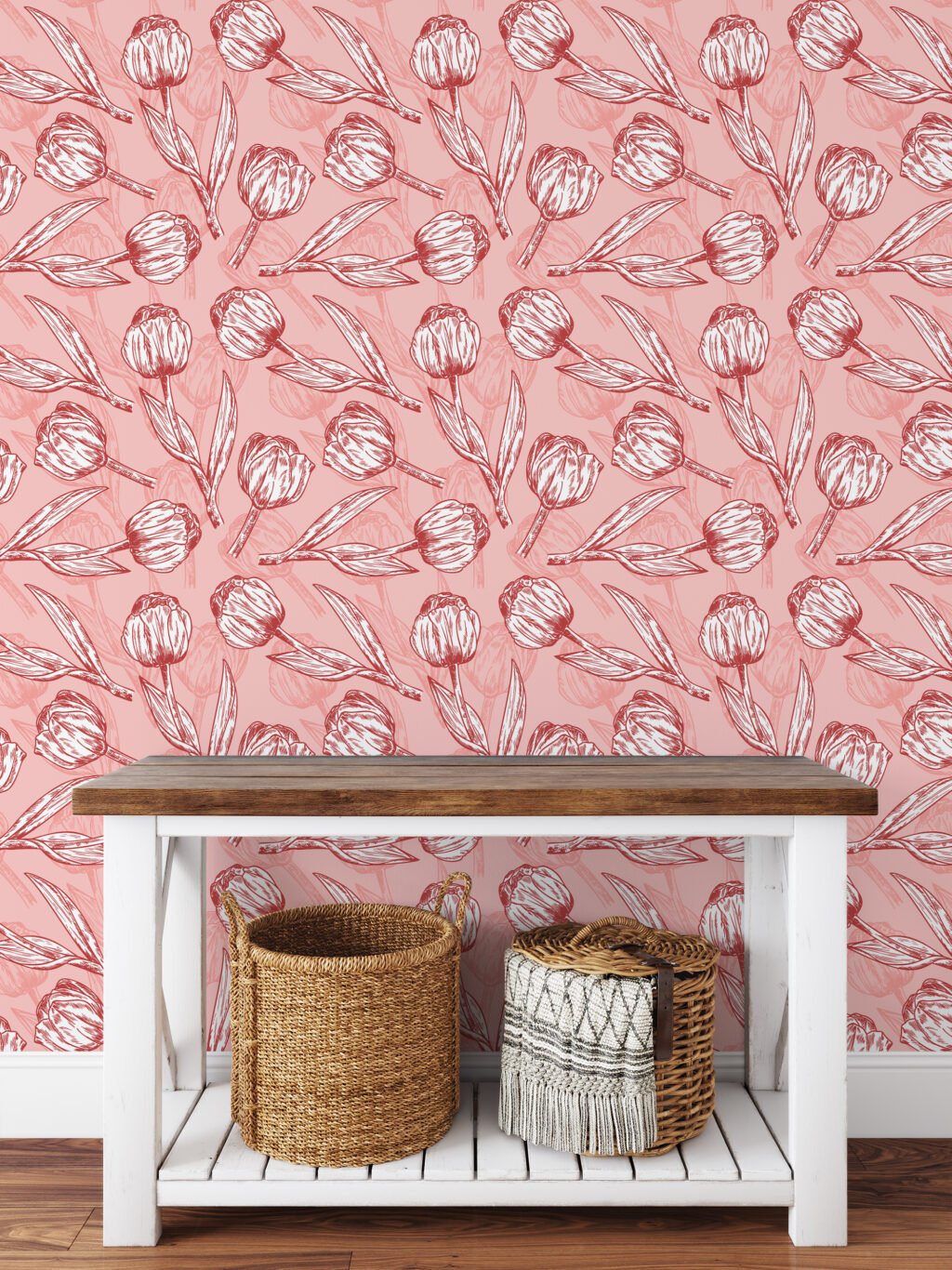 Vintage Floral Line Art Peach Pink Tulips Wallpaper, Delicate Tulip Sketches Peel & Stick Wall Mural