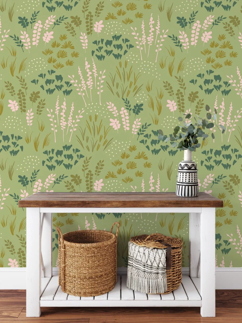 Green Flat Art Flowers And Leaves Illustration Wallpaper, Gentle Green Garden Peel & Stick Wall Mural