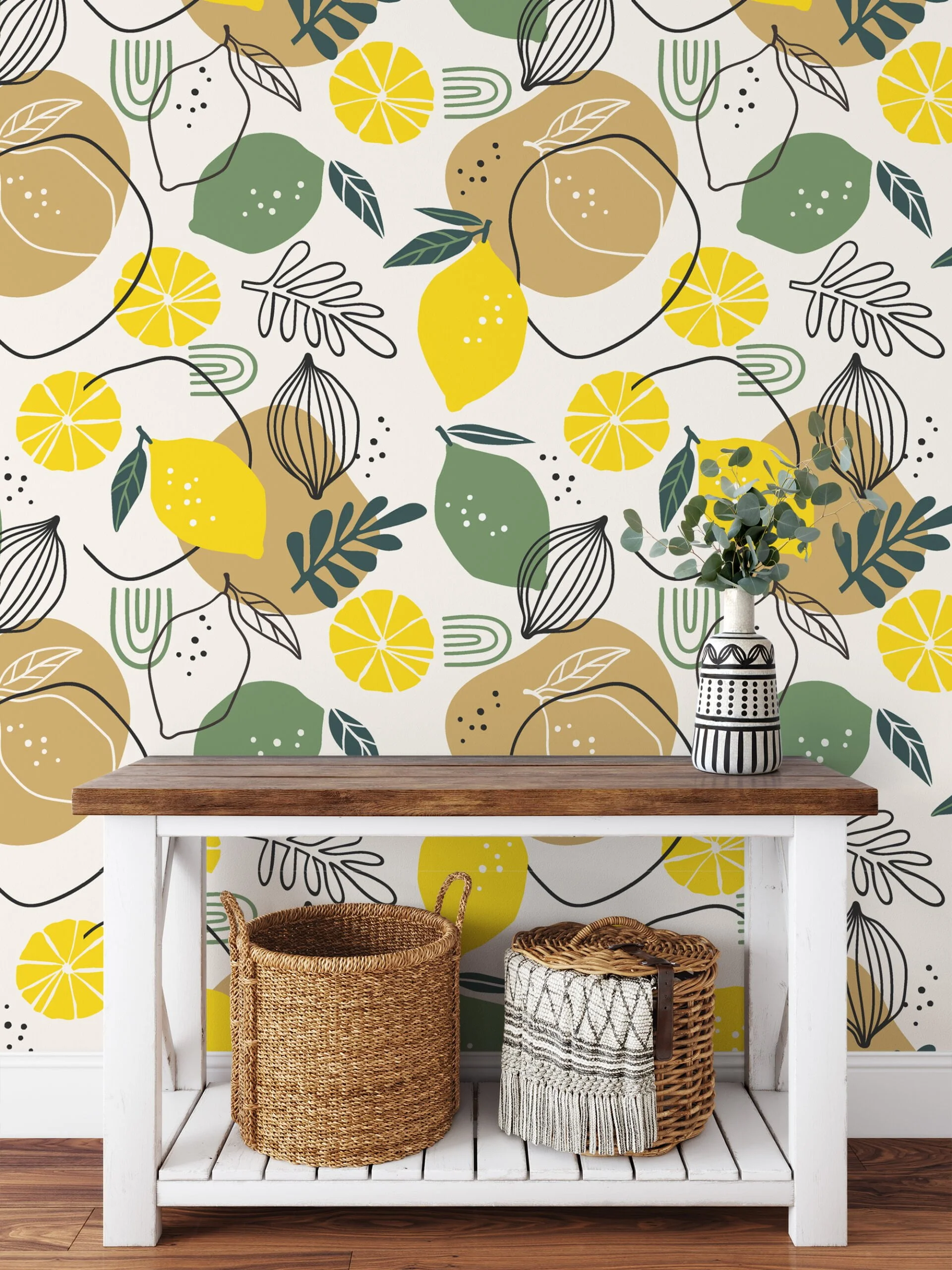 Lemon And Leaves With Line Art Illustration Wallpaper, Citrus And Lime Design Peel & Stick Wall Mural