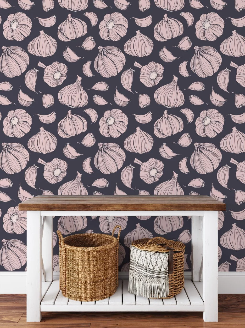 Garlic Vegetable Illustration Pattern Wallpaper, Modern Kitchen Chic Peel & Stick Wall Mural