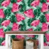 Tropical Leaves With Watermelons Illustration Wallpaper, Juicy Watermelon Slices & Palm Leaves Peel & Stick Wall Mural