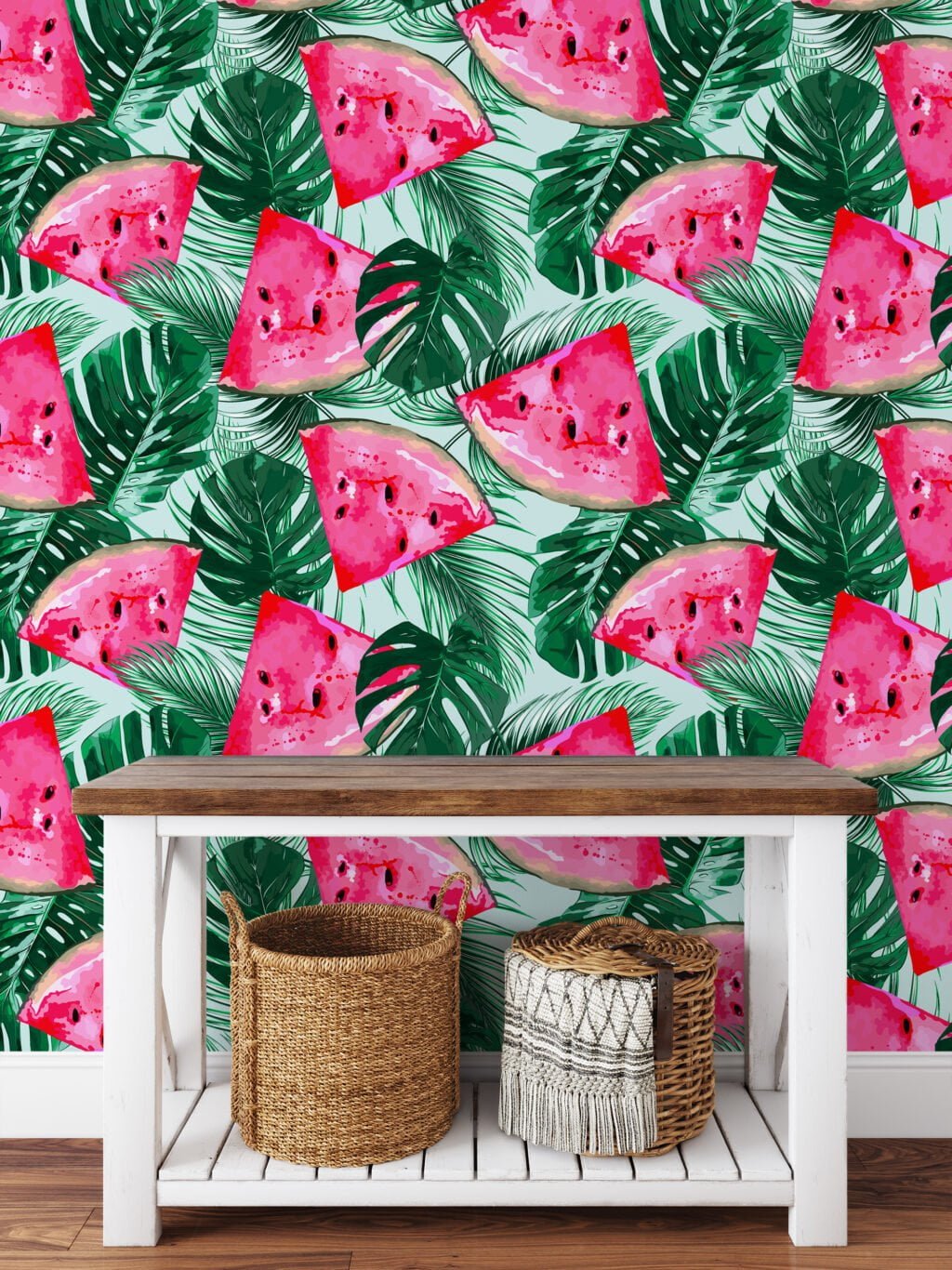 Tropical Leaves With Watermelons Illustration Wallpaper, Juicy Watermelon Slices & Palm Leaves Peel & Stick Wall Mural