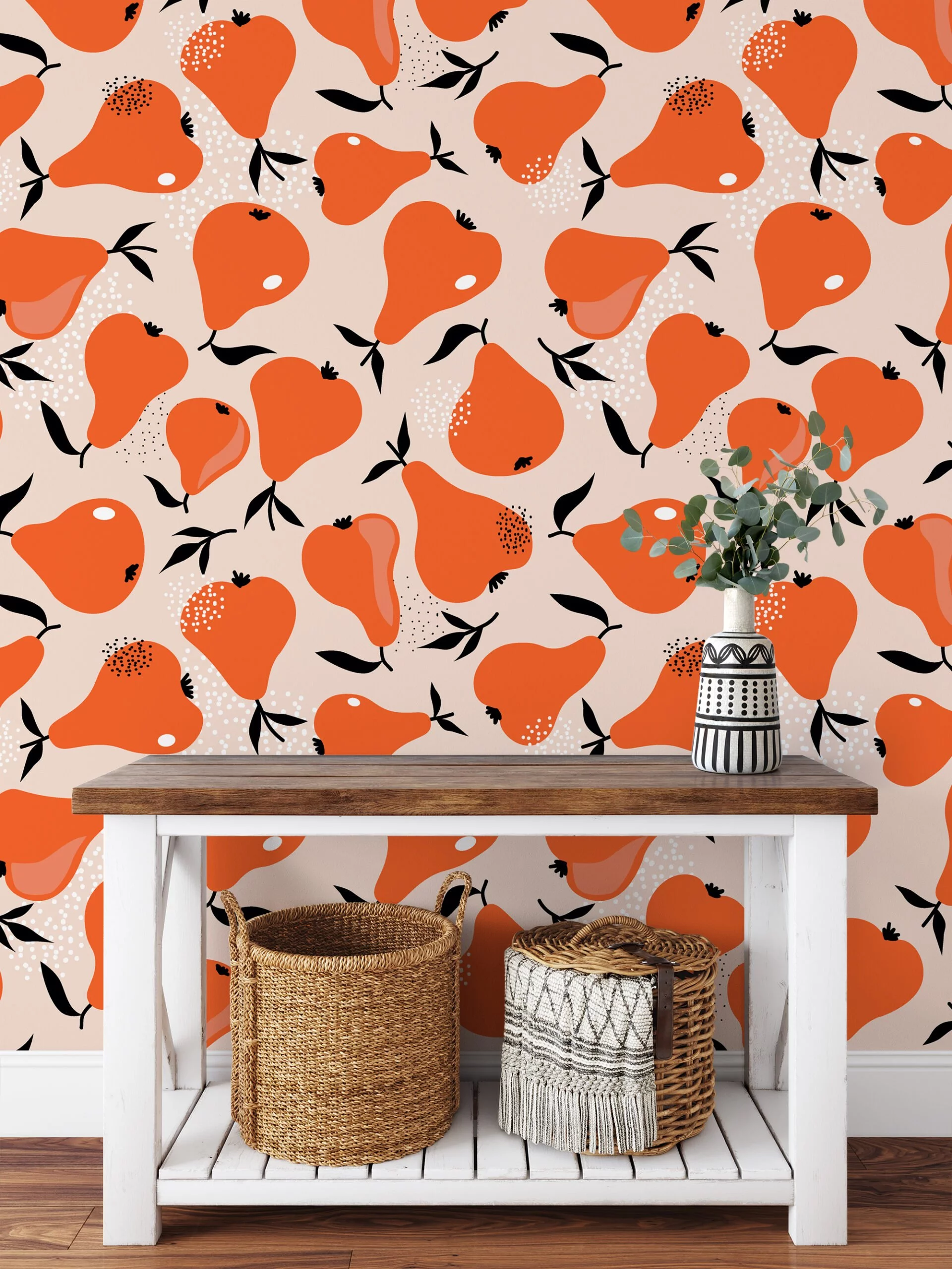 Simple Orange Pears Pattern Illustration Wallpaper, Abstract Autumn Pears Peel & Stick Wall Mural