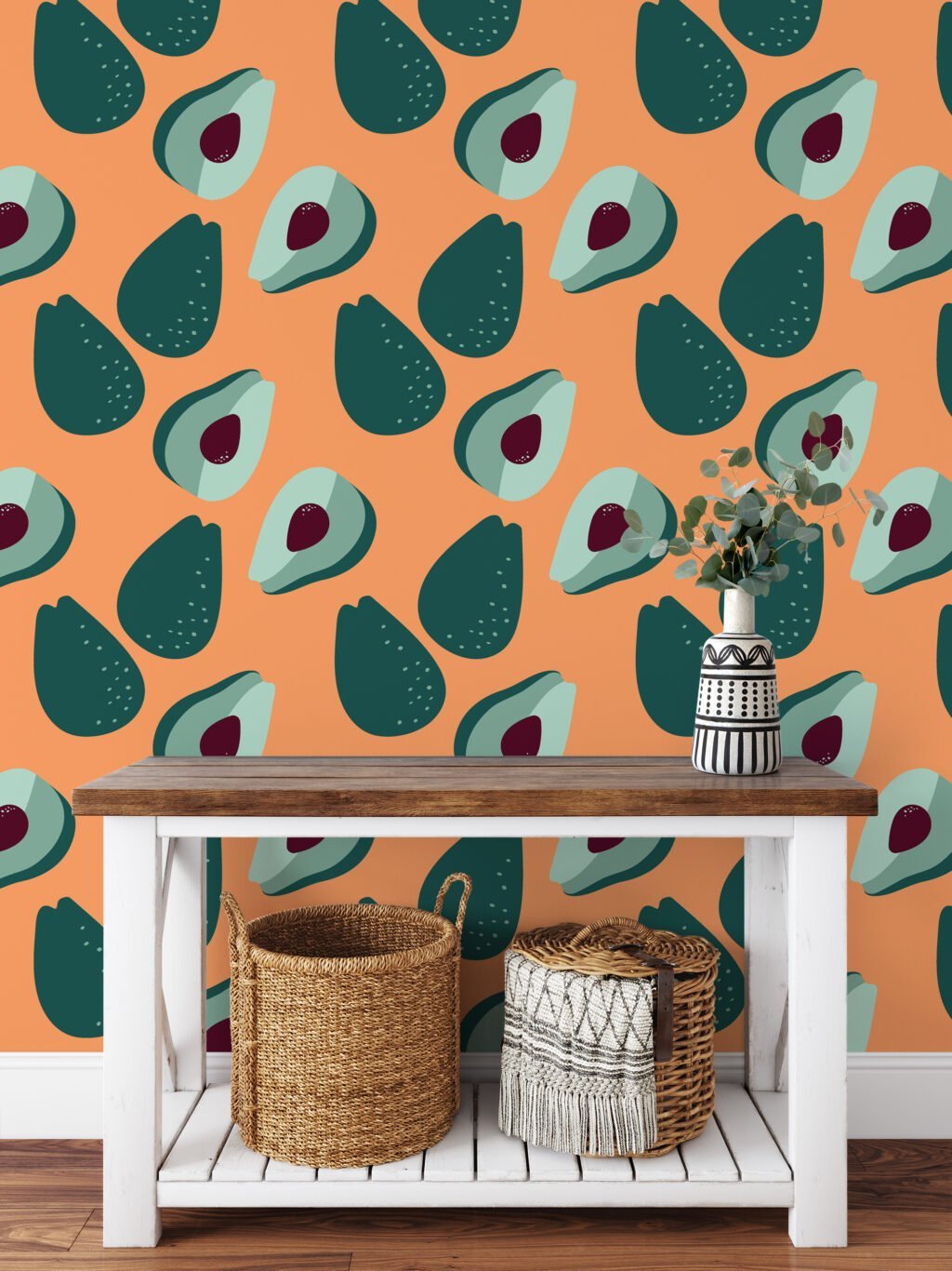 Flat Art Simple Avocado Fruits Pattern Wallpaper, Contemporary Kitchen Chic Peel & Stick Wall Mural