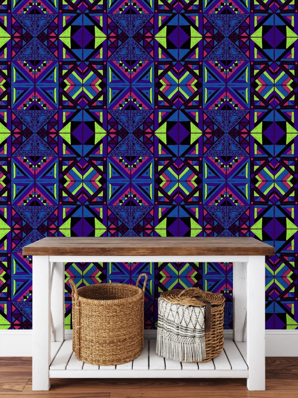 Bright Colored Tribal Pattern Illustration Wallpaper, Geometric Bold & Artistic Peel & Stick Wall Mural