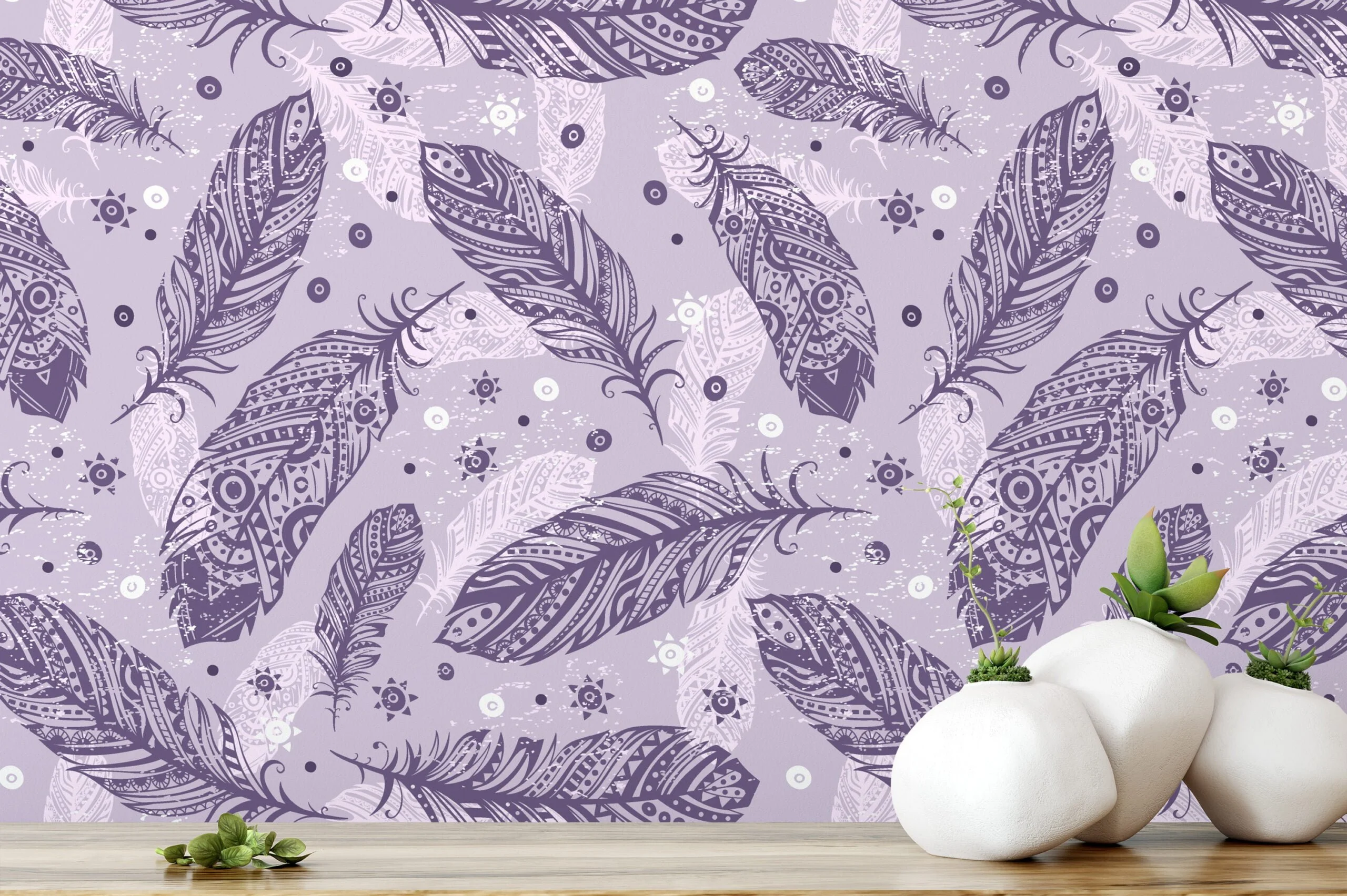 Purple And Lilac Feathers Pattern Wallpaper, Elegant Feather Line Art Peel & Stick Wall Mural
