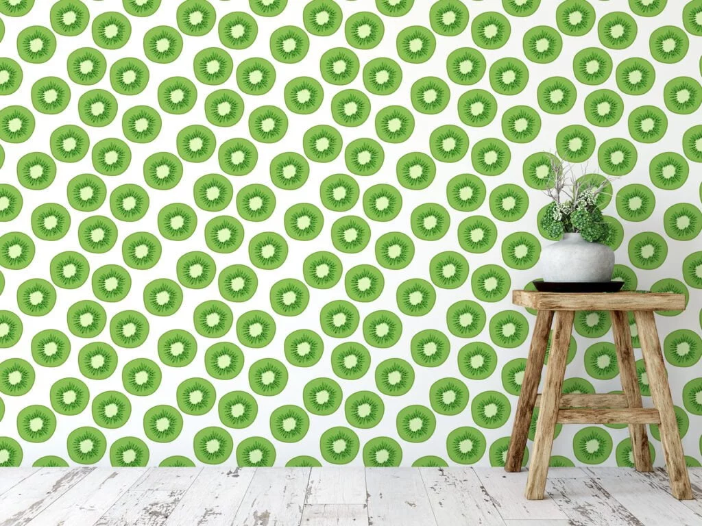 Kiwi Slices Illustration Wallpaper, Vibrant Green Kitchen Decor Peel & Stick Wall Mural