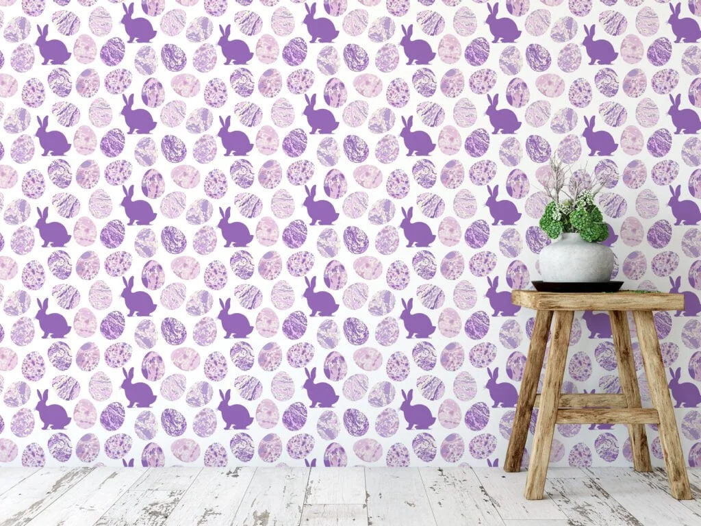 Purple Egg Shaped Ink Blotches With Bunnies Wallpaper, Charming Bunny & Egg Peel & Stick Wall Mural