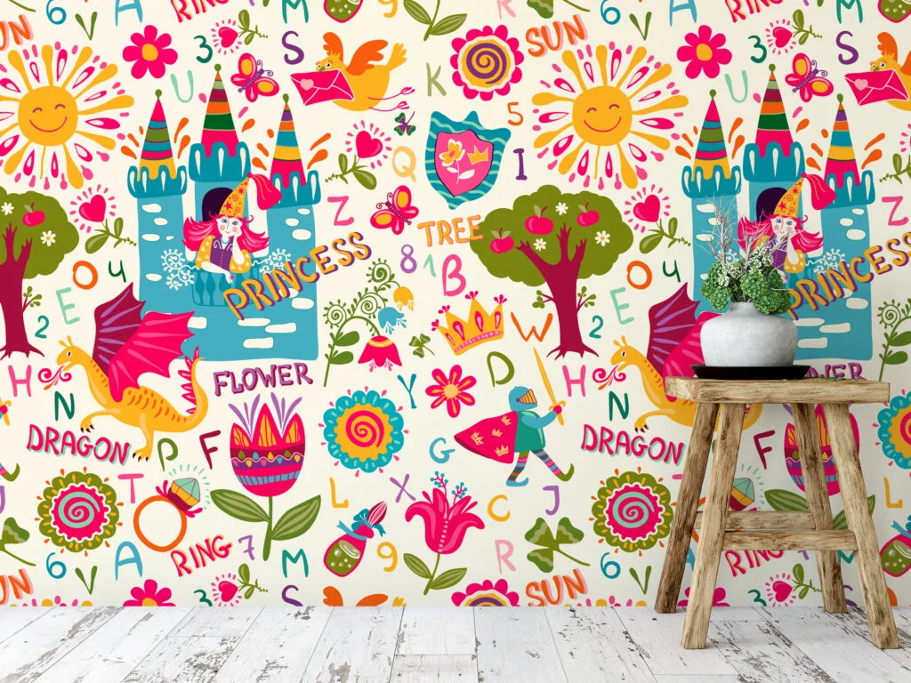 Colorful Kids Princess Dragon Flower Illustration Wallpaper, Fairytale Alphabet Kids Peel & Stick Wall Mural