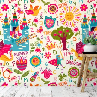 Colorful Kids Princess Dragon Flower Illustration Wallpaper, Fairytale Alphabet Kids Peel & Stick Wall Mural