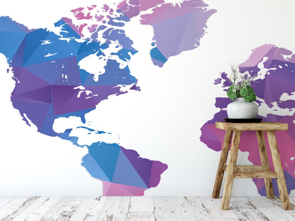 Pink Blue Purple Colored Geometric Shaped World Map Illustration Wallpaper, Modern Abstract Map Peel & Stick Wall Mural