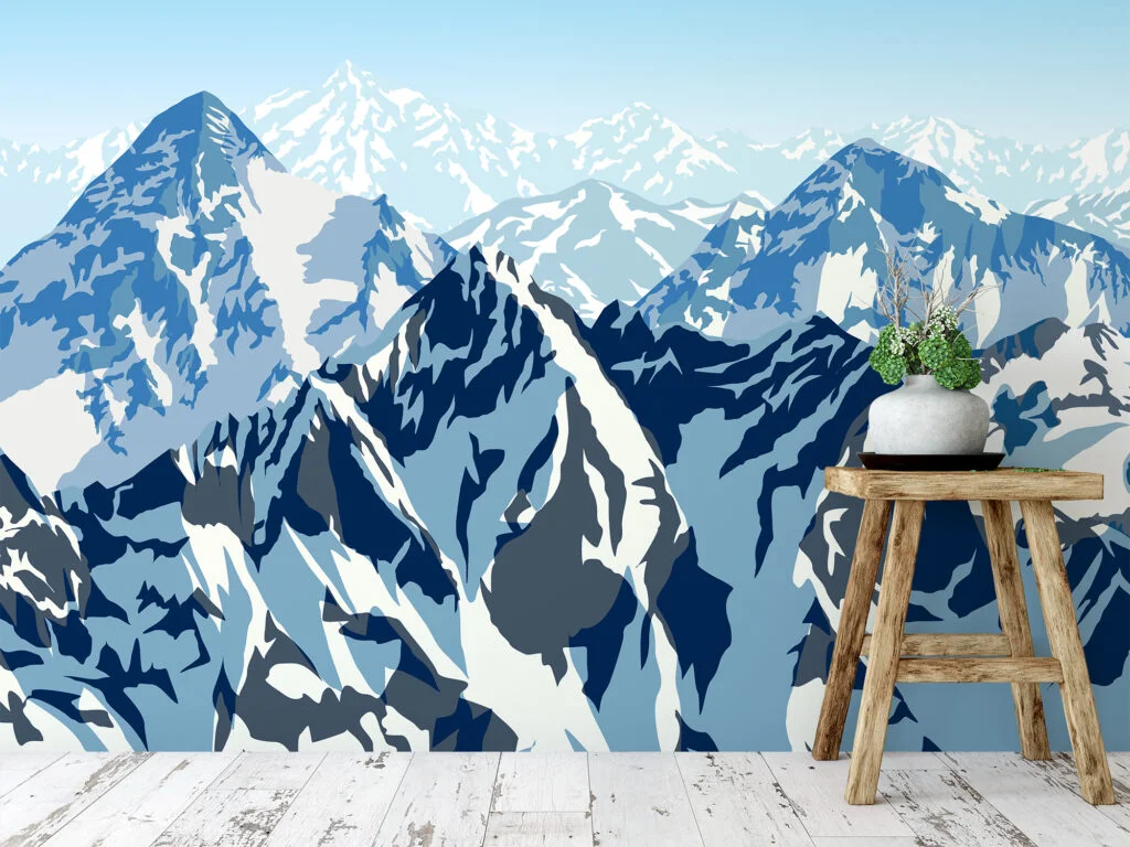 Abstract Flat Art Snowy Mountains Illustration Wallpaper, Blue Mountains Landscape Peel & Stick Wall Mural