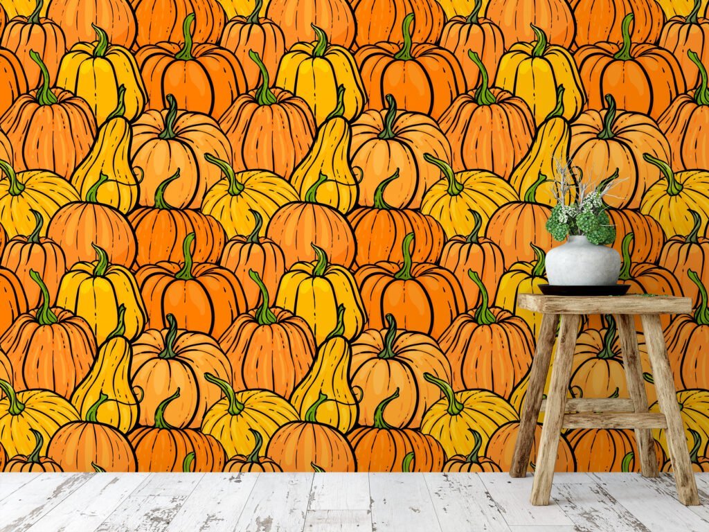 Cartoon Style Pumpkins Pattern Illustration Wallpaper, Harvest Pumpkin Patch Peel & Stick Wall Mural