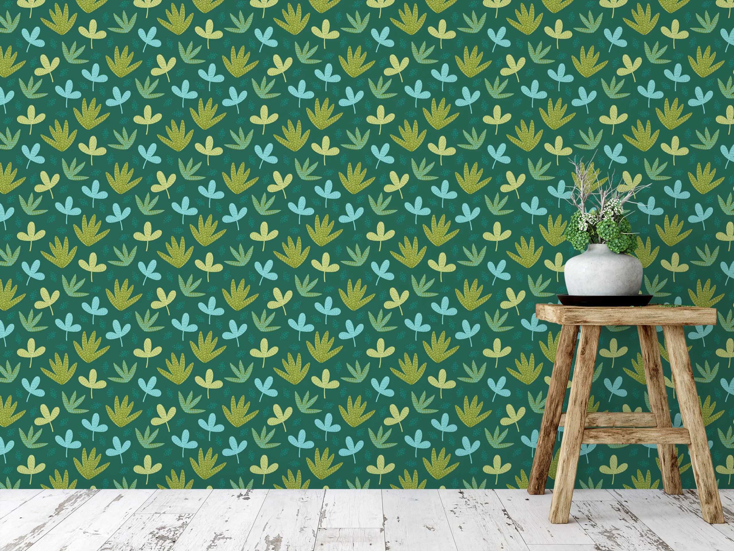Abstract Green Leaves Shapes Illustration Wallpaper, Enchanting Leaf Pattern Peel & Stick Wall Mural