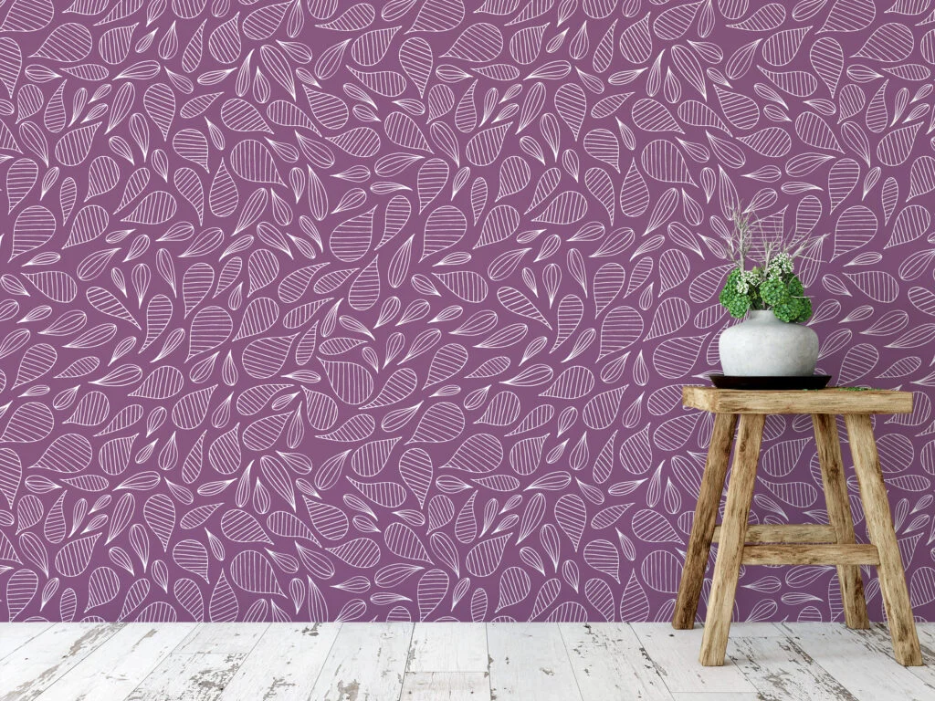 White outlined Abstract Leaves With A Purple Background Wallpaper, Whimsy Leaf Pattern Peel & Stick Wall Mural