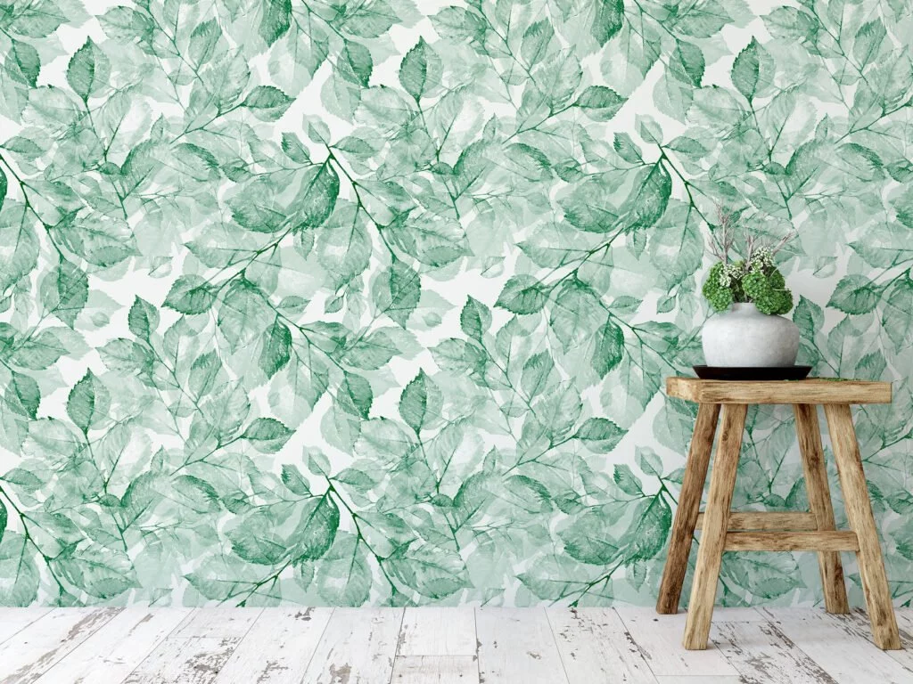 Watercolor Style Green Leaves Pattern Wallpaper, Tranquil Green Foliage Peel & Stick Wall Mural