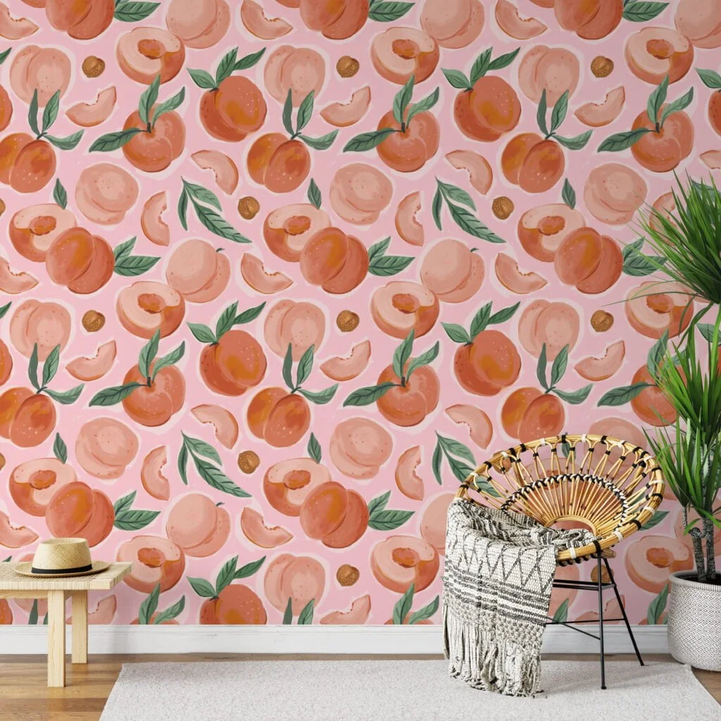 Peaches Pattern With Pink Background Wallpaper, Sweet Peach Fruit Peel & Stick Wall Mural