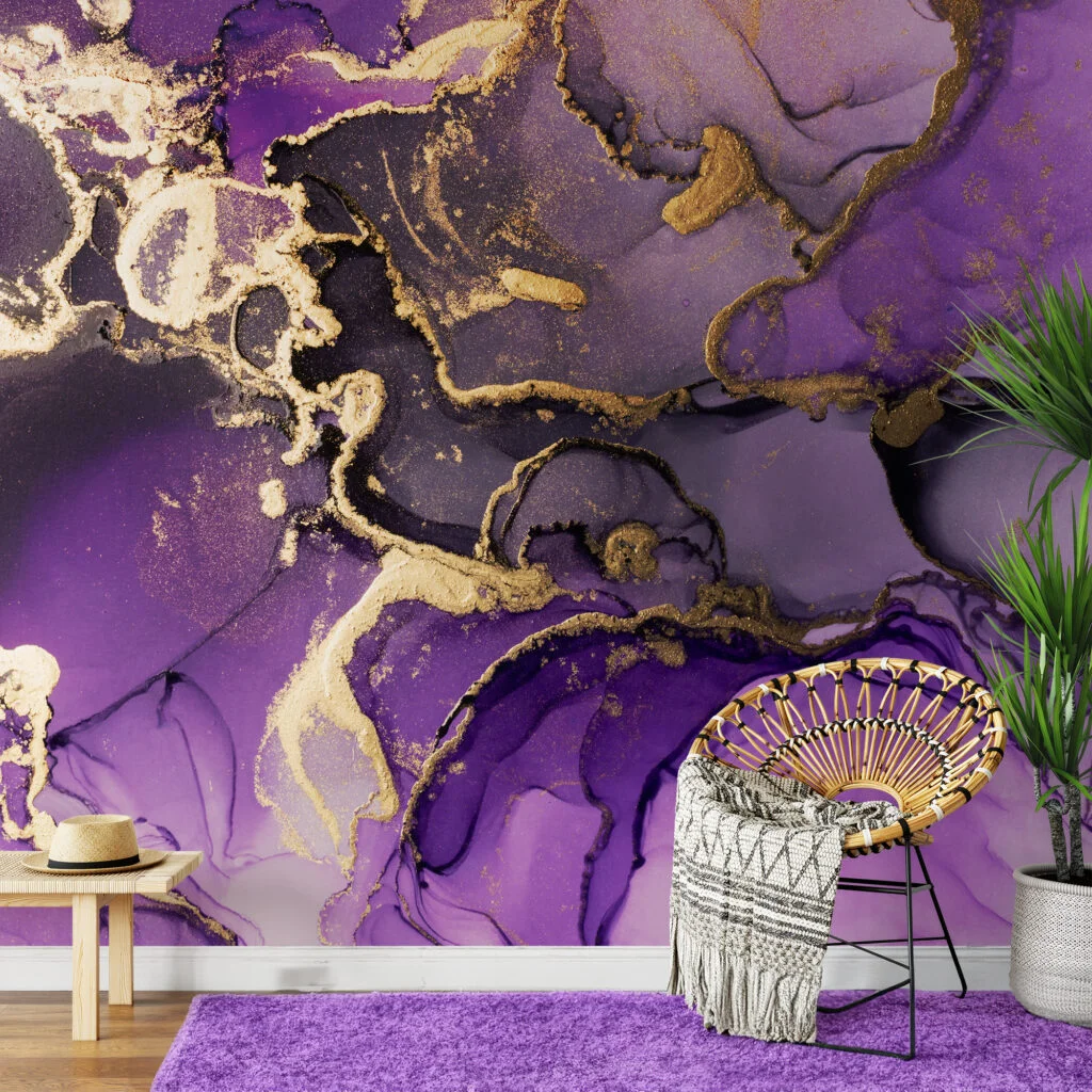 Purple And Gold Alcohol Ink Wallpaper, Royal Purple Marble Peel & Stick Wall Mural