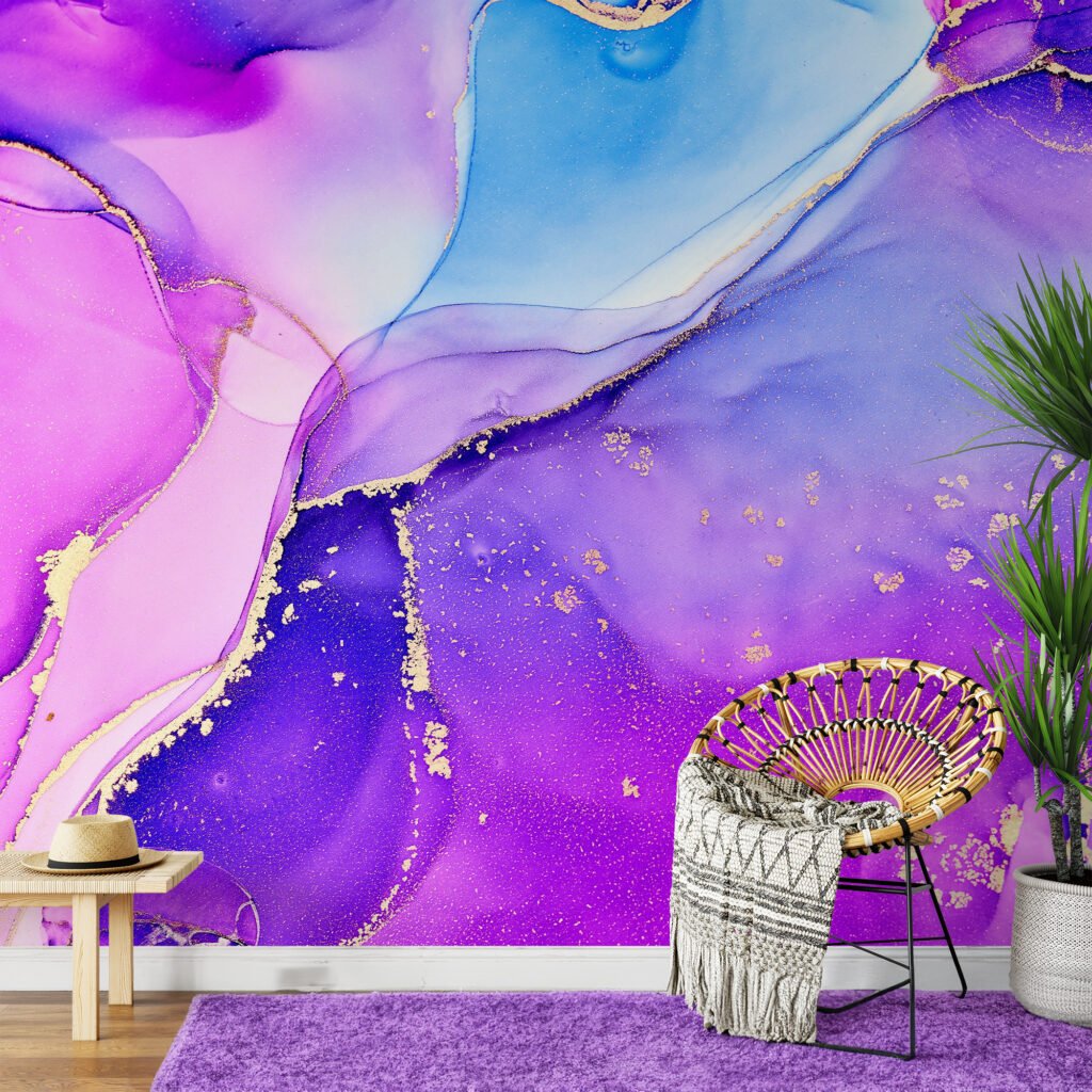 Colorful Alcohol Ink Art Marble Wallpaper, Elegant Purple and Blue Marble Peel & Stick Wall Mural