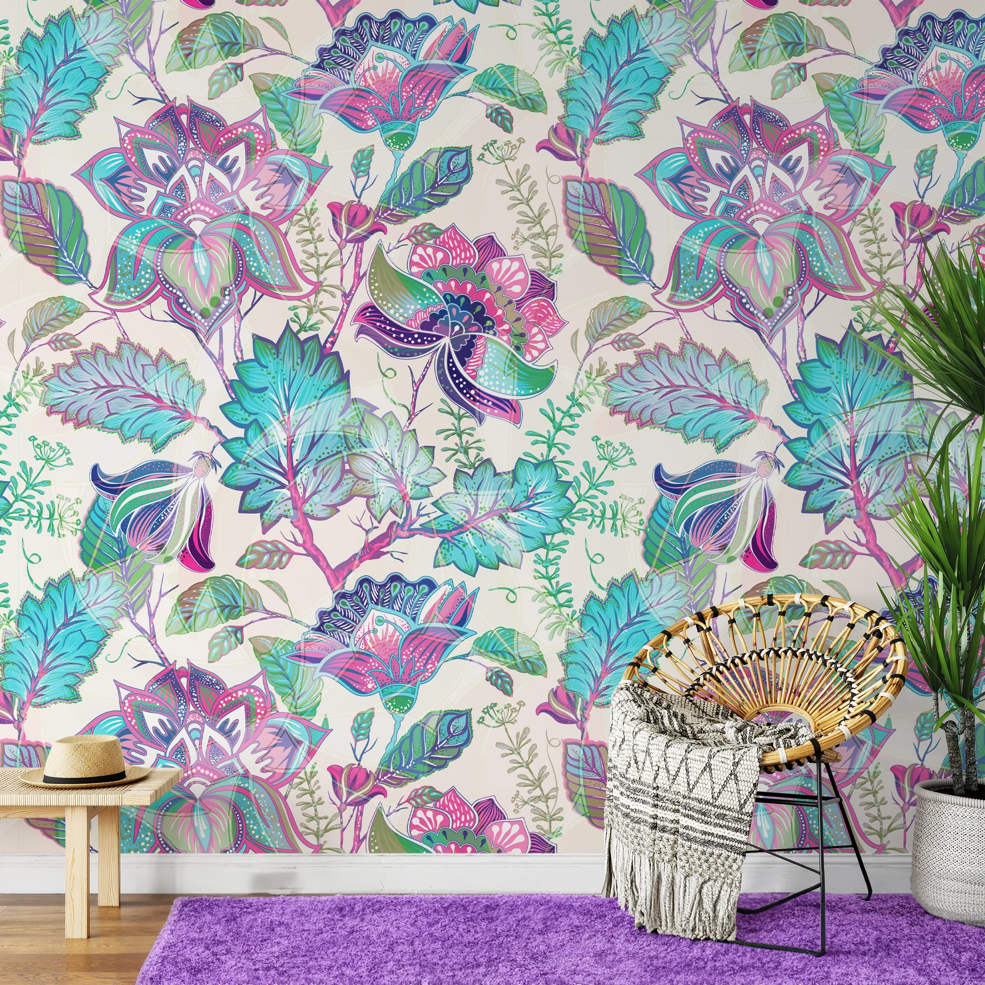 Floral Damask Paisley Illustration Wallpaper, Whimsical Floral Fantasy Peel & Stick Wall Mural