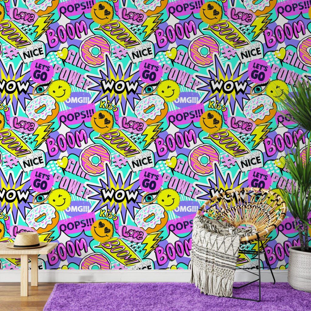 Retro Y2K Comic Chatbox Pattern Illustration Wallpaper, Playful Pop Art Peel & Stick Wall Mural