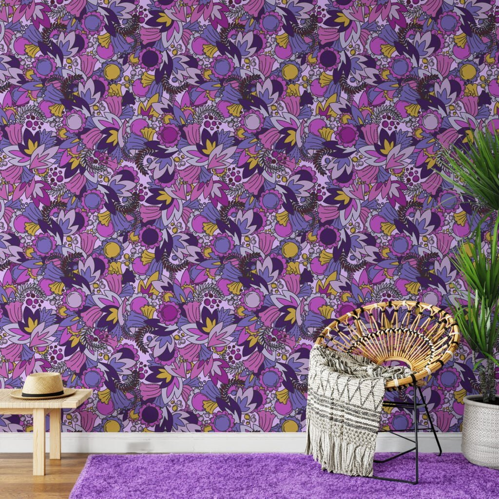 Purple Shades Floral Illustration Wallpaper, Bold and Contemporary Design Peel & Stick Wall Mural