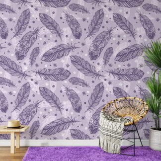 Purple And Lilac Feathers Pattern Wallpaper, Elegant Feather Line Art Peel & Stick Wall Mural