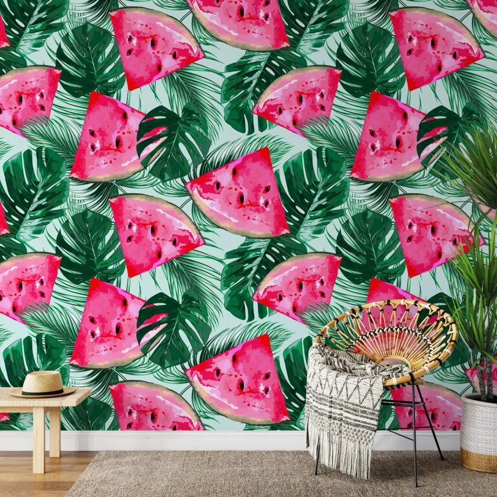 Tropical Leaves With Watermelons Illustration Wallpaper, Juicy Watermelon Slices & Palm Leaves Peel & Stick Wall Mural