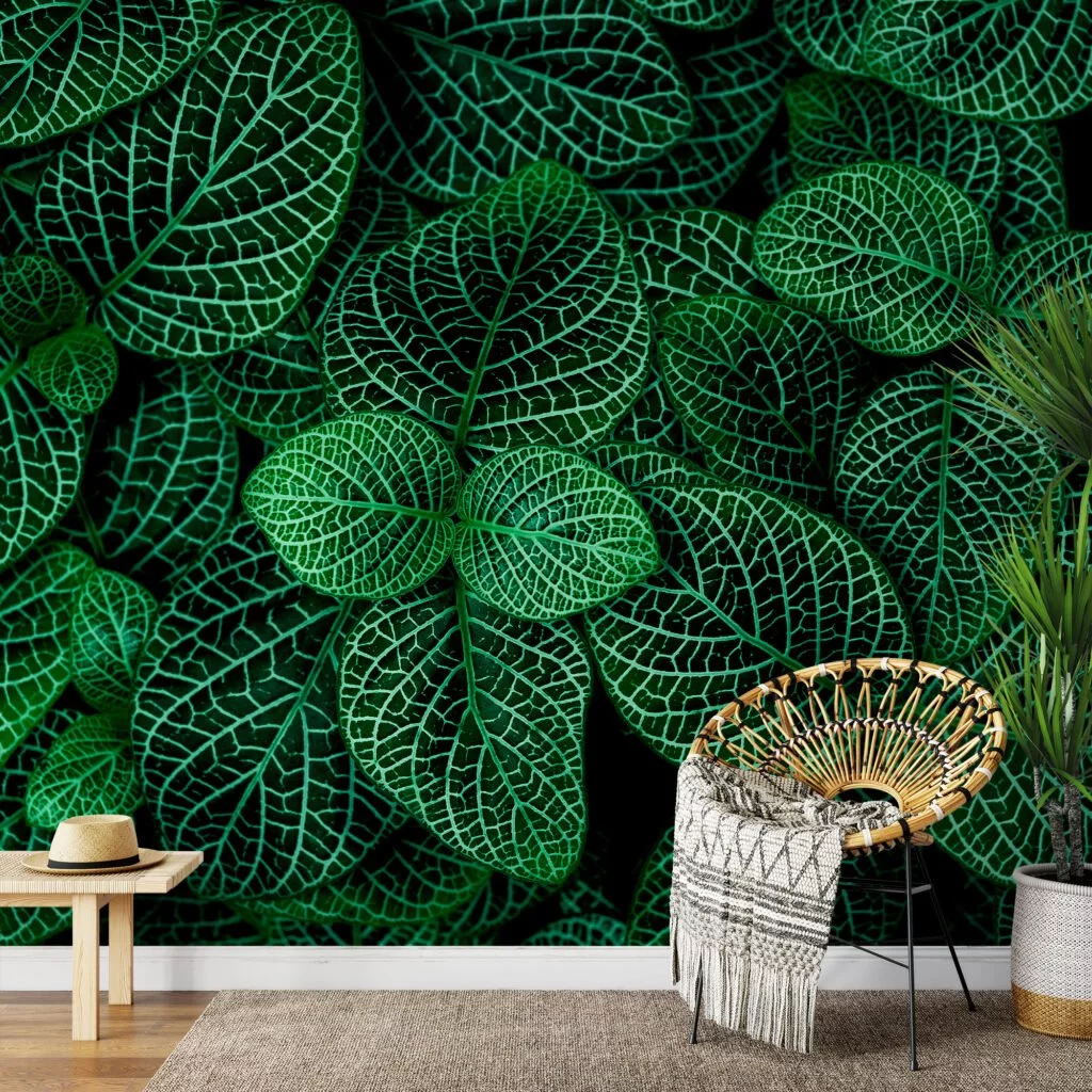 Dark Green Nerve Plant Leaves Wallpaper, Botanical Leaf Peel & Stick Wall Mural