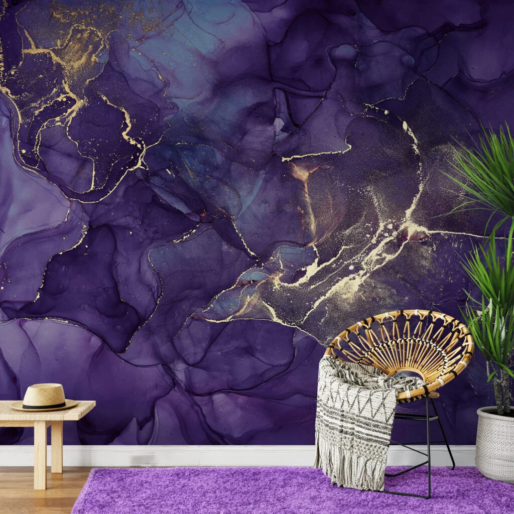 Dark Purple Marble Design With Yellow Highlights Wallpaper, Royal Marble Effect Peel & Stick Wall Mural