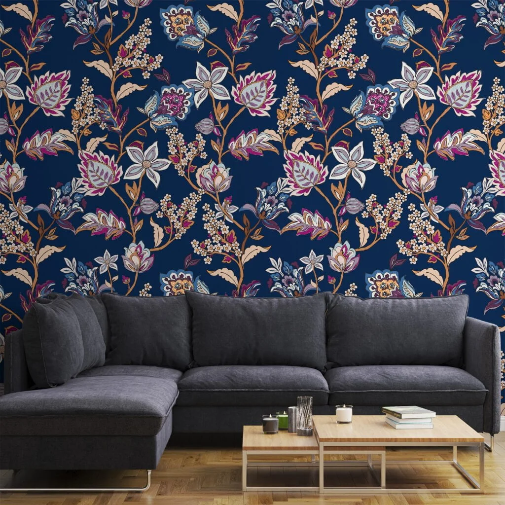 Floral Paisley Damask Design Wallpaper, Elegant Dark Navy Floral Peel & Stick Wall Mural