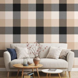 Beige And Black Check Pattern Illustration Wallpaper, Classic Checker Geometric Peel & Stick Wall Mural