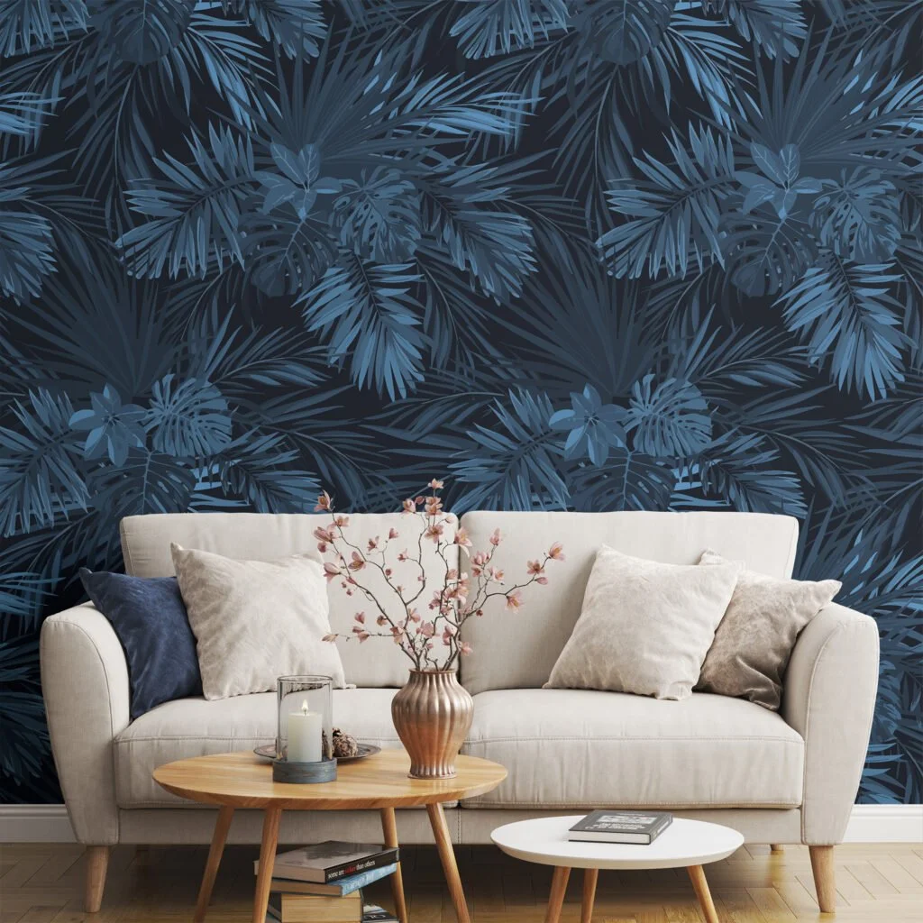 Midnight Blue Tropical Leaves Illustration Wallpaper, Luxury Dark Peel & Stick Wall Mural