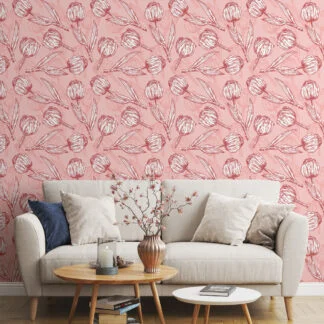 Vintage Floral Line Art Peach Pink Tulips Wallpaper, Delicate Tulip Sketches Peel & Stick Wall Mural