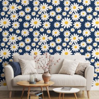 Flat Art Daisies With A Dark Navy Background Illustration Wallpaper, Cheerful Daisy Chain Peel & Stick Wall Mural