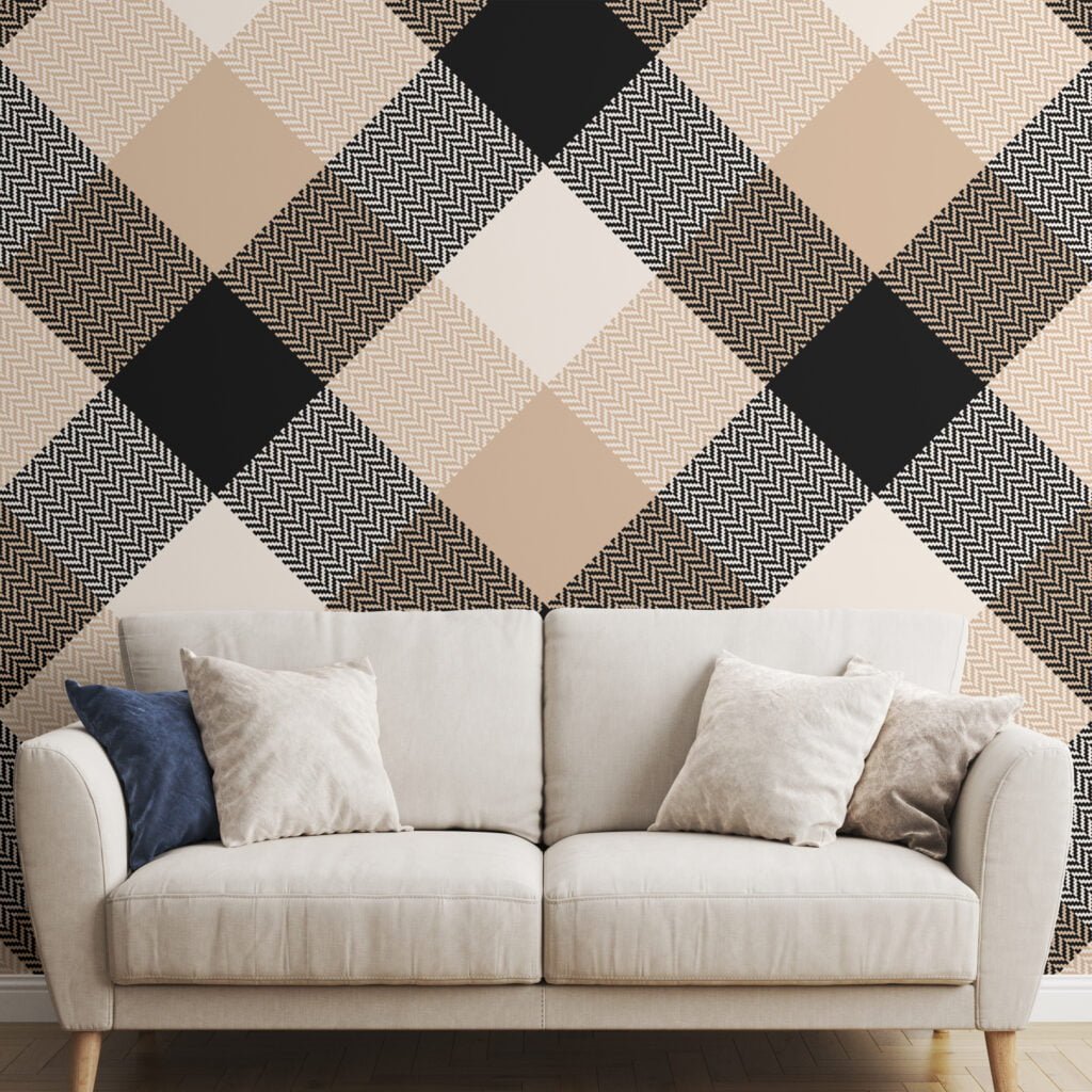 Beige And Black Checker Illustration Wallpaper, Contemporary Neutral Geometric Peel & Stick Wall Mural