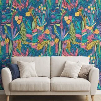 Colorful Floral Doodle Design With Flowers Illustration Wallpaper, Exotic Tropical Peel & Stick Wall Mural