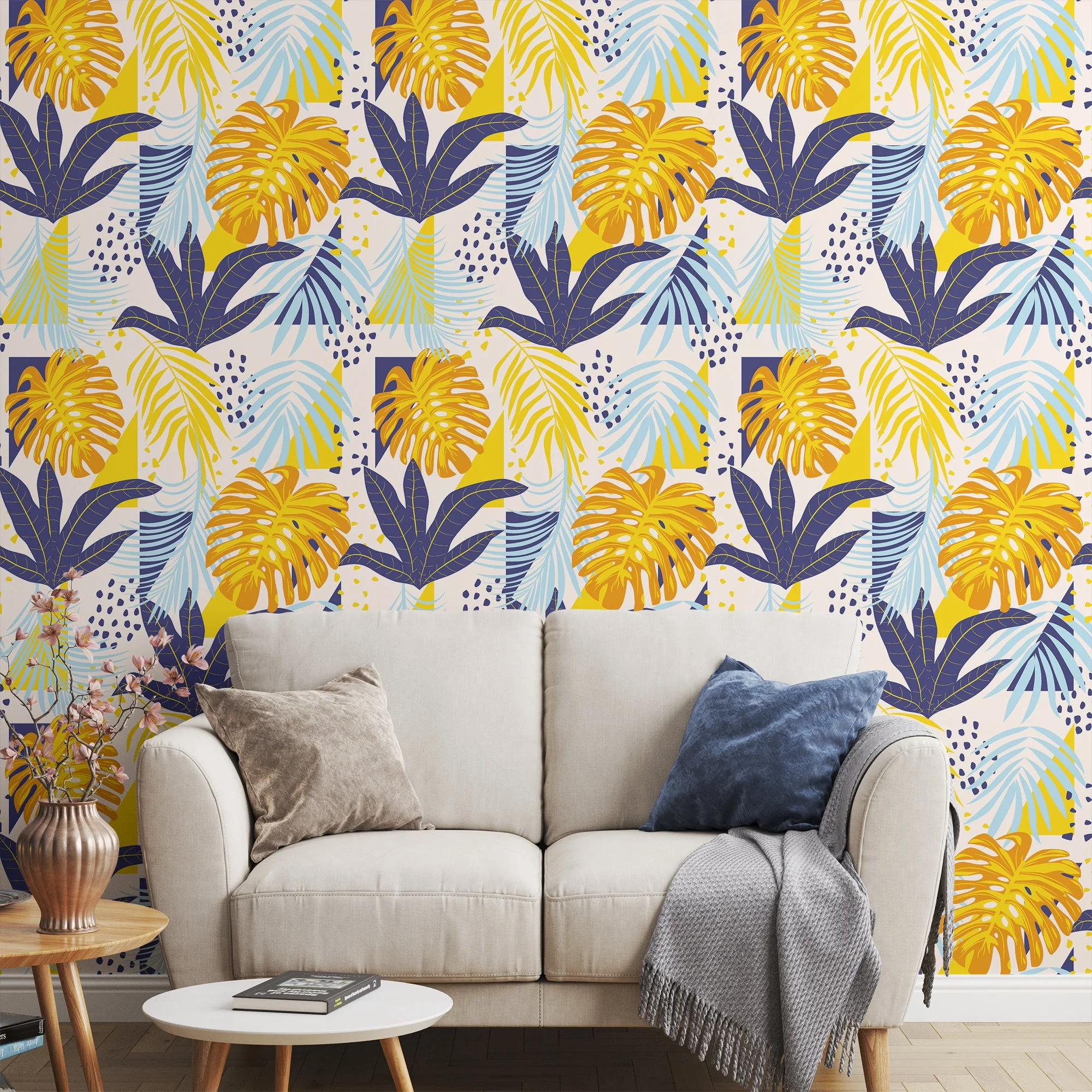 Large Abstract Tropical Colorful Leaves Illustration Wallpaper, Bold Blue And Yellow Peel & Stick Wall Mural