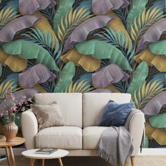 Large Colorful Tropical Leaves With A Dark Background Wallpaper, Luxe 3D Tropical Peel & Stick Wall Mural