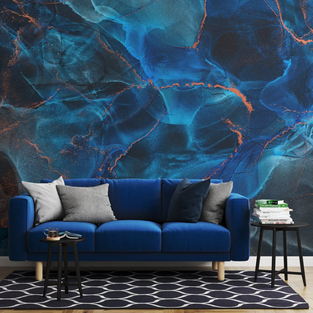 Negative Effect Alcohol Ink Art Marble Wallpaper, Dark Blue And Copper Peel & Stick Wall Mural