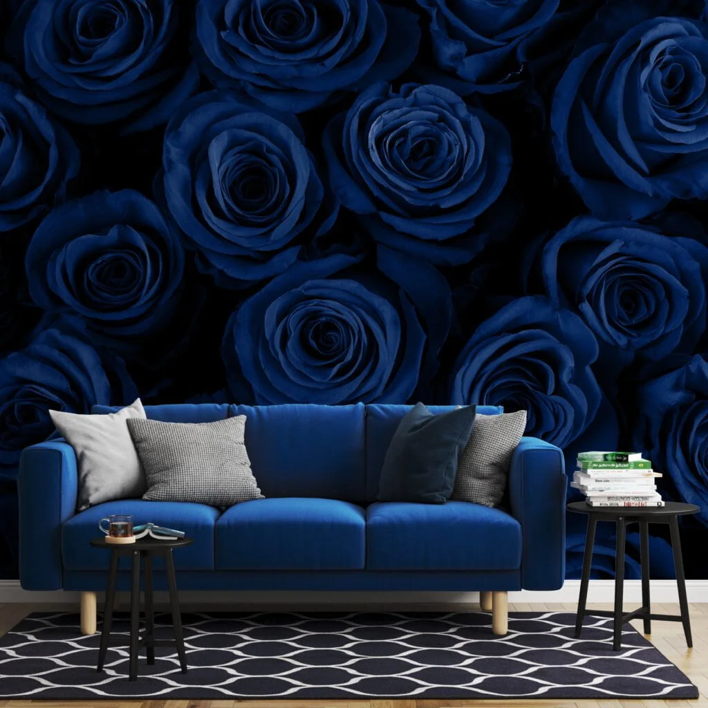 Floral Dark Blue Roses Wallpaper, Midnight Elegant Floral Peel & Stick Wall Mural