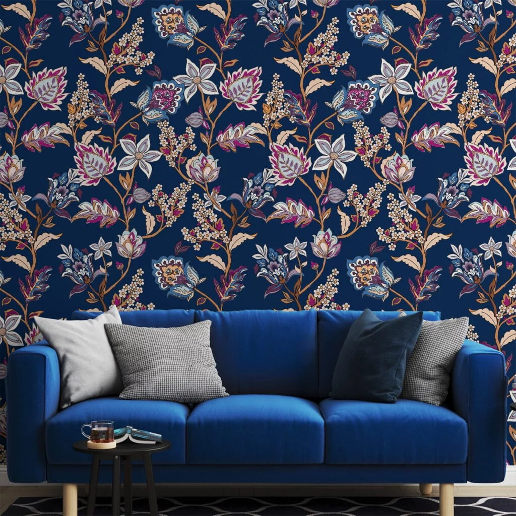 Floral Paisley Damask Design Wallpaper, Elegant Dark Navy Floral Peel & Stick Wall Mural