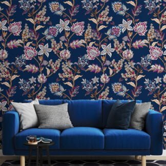 Floral Paisley Damask Design Wallpaper, Elegant Dark Navy Floral Peel & Stick Wall Mural