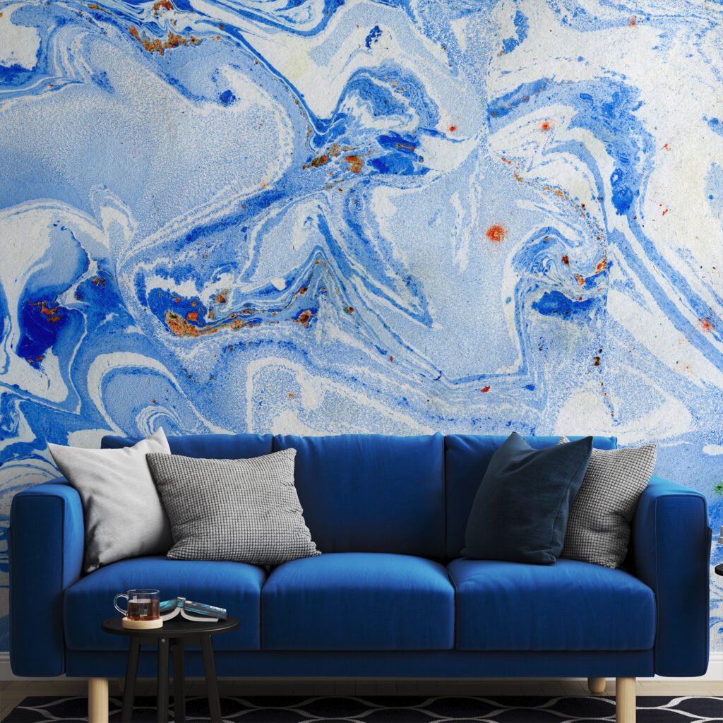 Abstract Blue Ink Swirls Illustration Wallpaper, Unique Suminagashi Inspired Peel & Stick Wall Mural