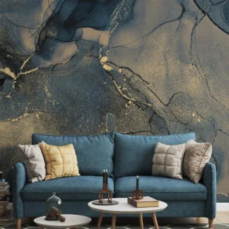 Dark Steel Blue And Yellow Alcohol Ink Art Marble Wallpaper, Midnight Marvel Marble Peel & Stick Wall Mural