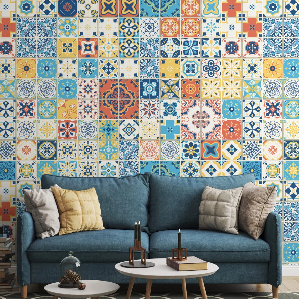 Retro Colored Mozaik Tiles Illustration Wallpaper, Mediterranean Charm Peel & Stick Wall Mural