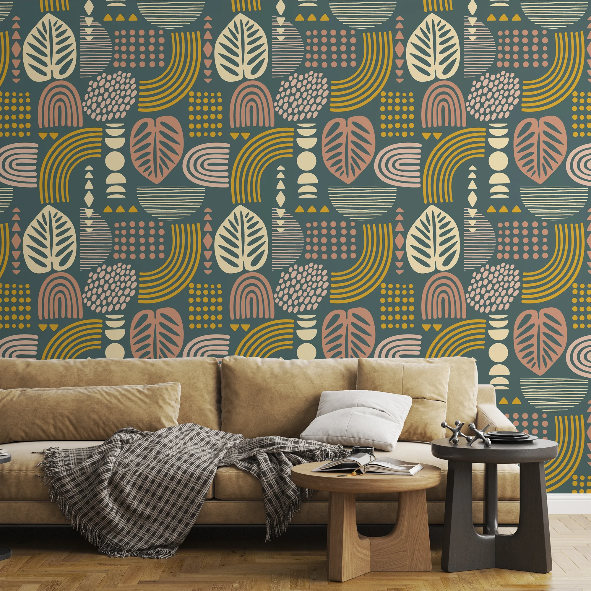 Boho Leaf Shapes Pattern Illustration Wallpaper, Botanical Abstract Fusion Peel & Stick Wall Mural