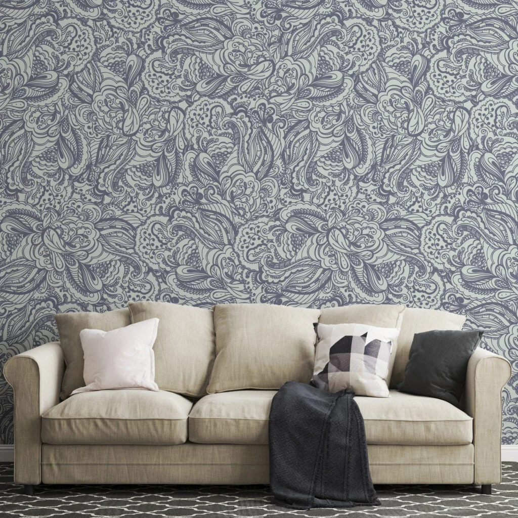 Damask Pattern Line Art Wallpaper, Vintage Inspired Paisley Peel & Stick Wall Mural