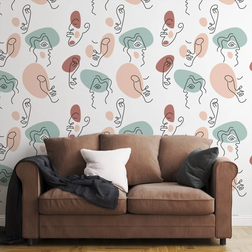 Abstract Face Shaped Line Art Pattern Wallpaper, Artistic Elegant Design Peel & Stick Wall Mural